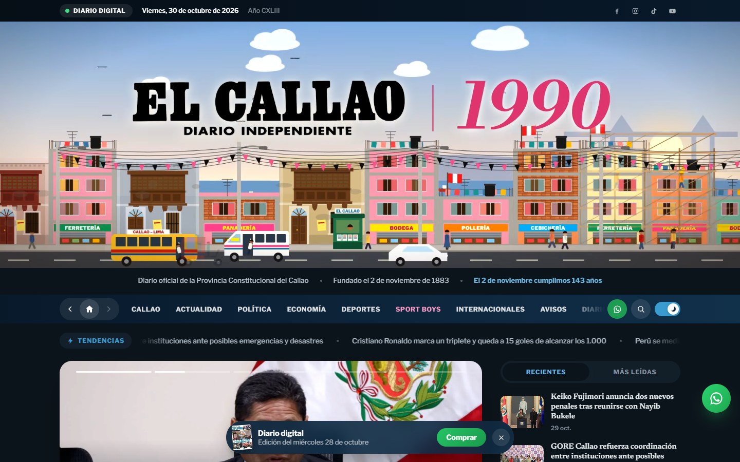 Portada de elcallao.pe: cabecera ilustrada del diario El Callao y menú de secciones