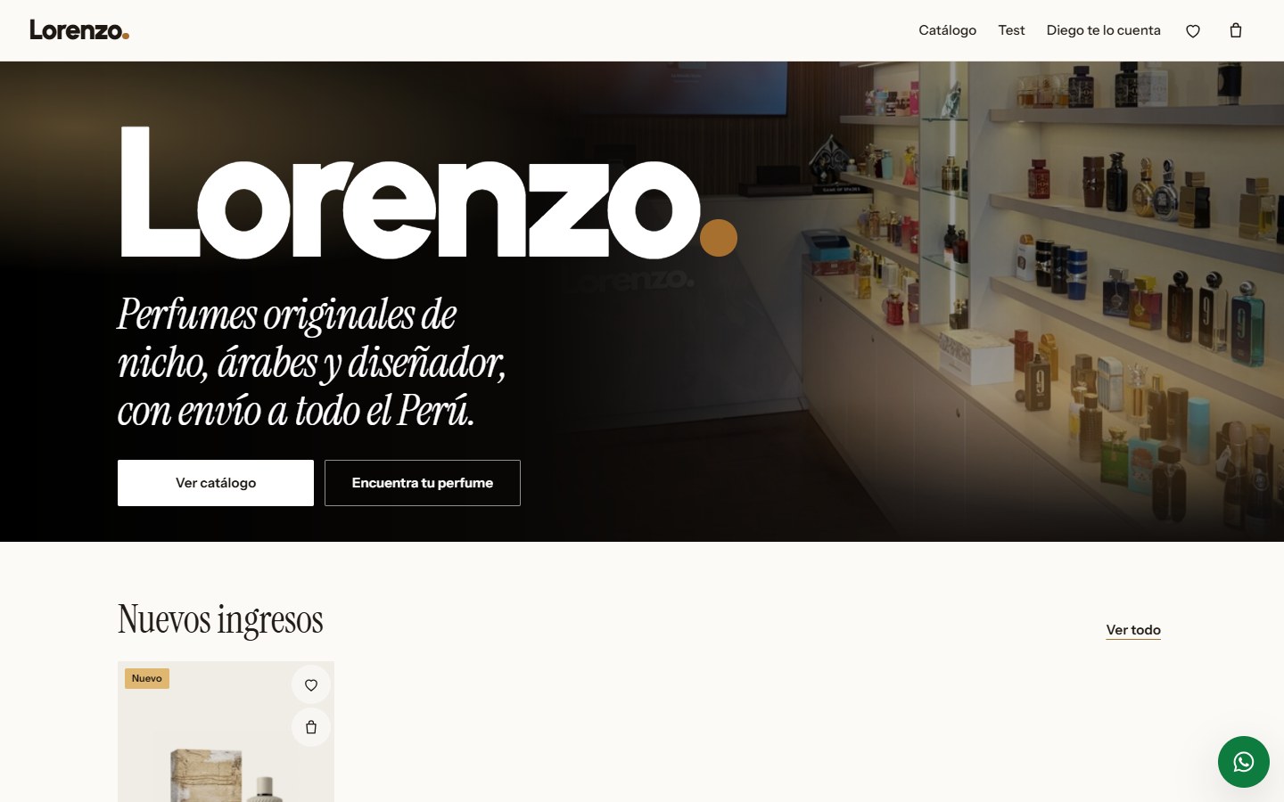 Portada de lorenzoperu.com: el logotipo Lorenzo sobre la foto de la tienda de perfumes